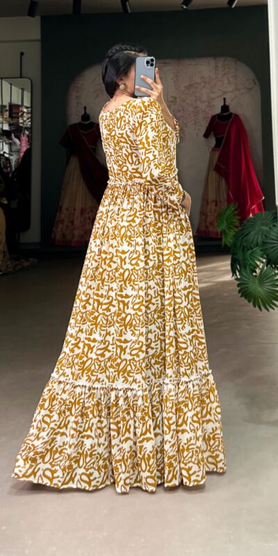 Mustard Georgette Printed Gown | Gowns, Bollywood Gowns, Creative Gowns, Designer Gowns, Embroidered Gowns, Party Wear Gowns