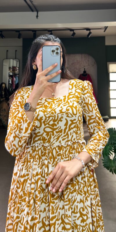 Mustard Georgette Printed Gown | Gowns, Bollywood Gowns, Creative Gowns, Designer Gowns, Embroidered Gowns, Party Wear Gowns