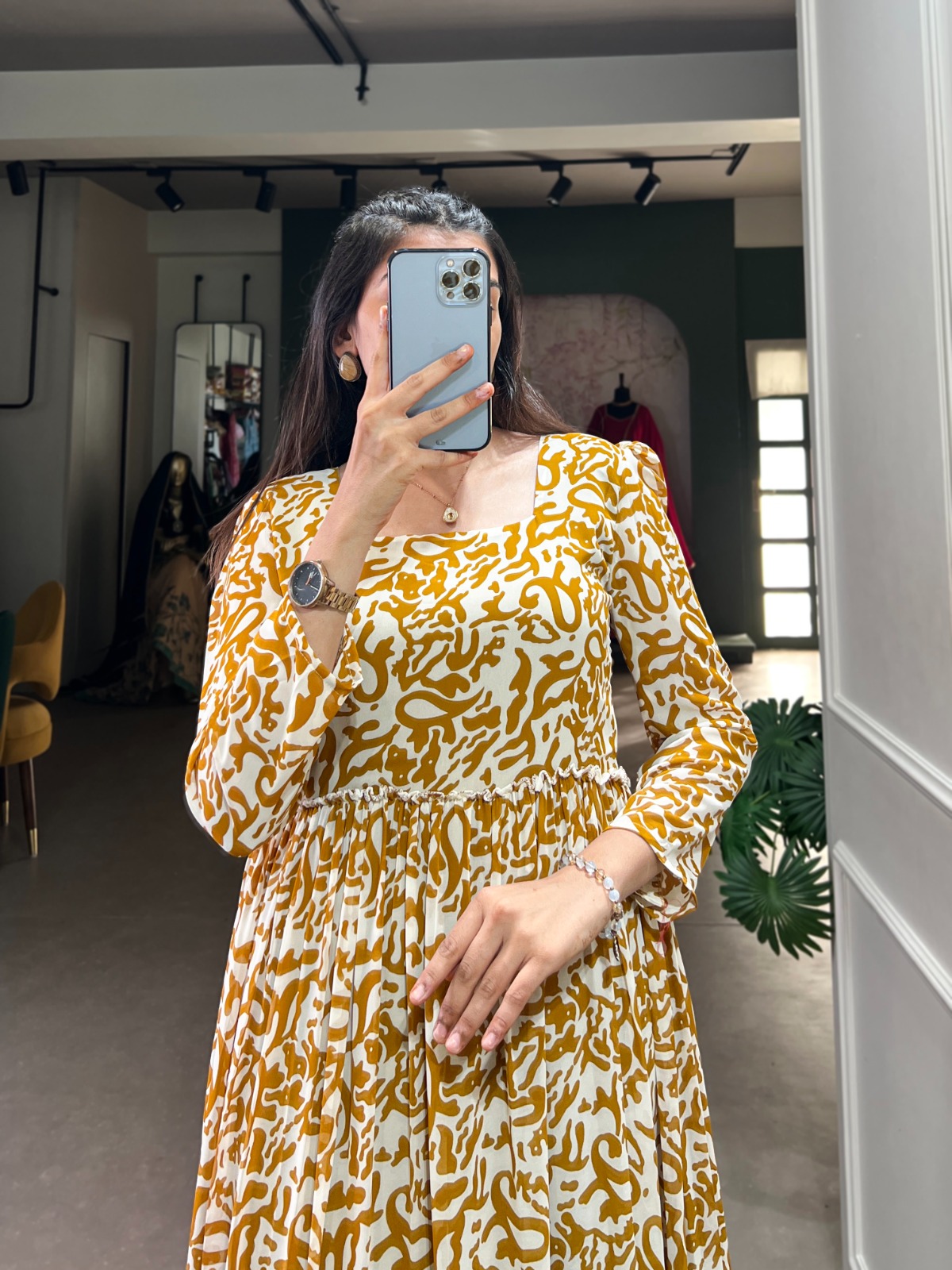 Mustard Georgette Printed Gown | Gowns, Bollywood Gowns, Creative Gowns, Designer Gowns, Embroidered Gowns, Party Wear Gowns