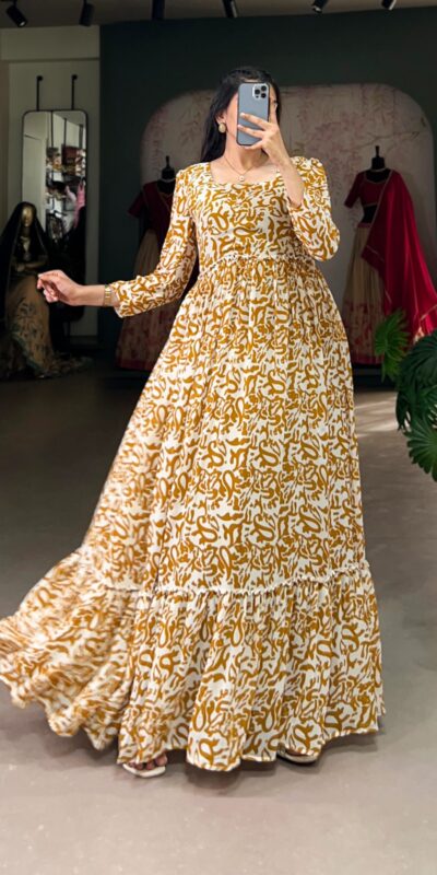 Mustard Georgette Printed Gown | Gowns, Bollywood Gowns, Creative Gowns, Designer Gowns, Embroidered Gowns, Party Wear Gowns