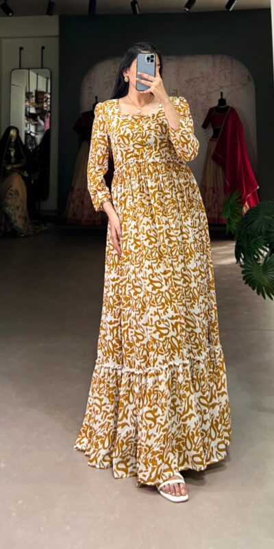 Mustard Georgette Printed Gown | Gowns, Bollywood Gowns, Creative Gowns, Designer Gowns, Embroidered Gowns, Party Wear Gowns