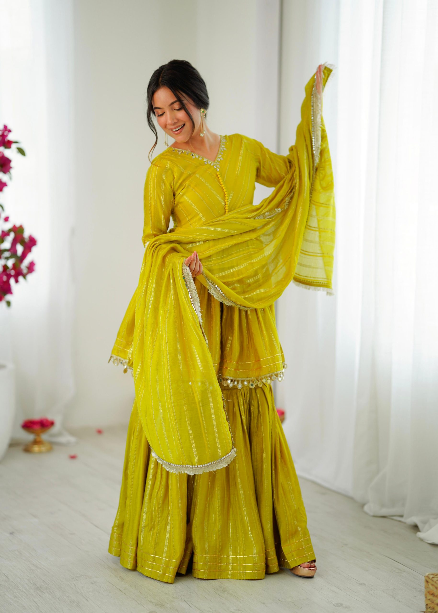 Mustard Mal Chanderi Mirror Work Salwar Suit | Jump Suits, Tops & Bottoms, Track Suits, Salwar suit, Casual Suits, Creative suits, Designer Suits, Palazzo Suits, Party Wear Suits, Patiala Suits, Straight Suits, Trendy Wear