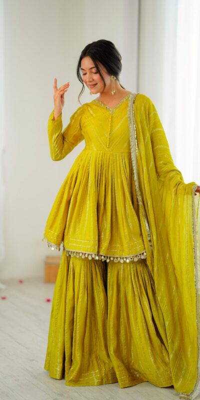 Mustard Mal Chanderi Mirror Work Salwar Suit | Jump Suits, Tops & Bottoms, Track Suits, Salwar suit, Casual Suits, Creative suits, Designer Suits, Palazzo Suits, Party Wear Suits, Patiala Suits, Straight Suits, Trendy Wear