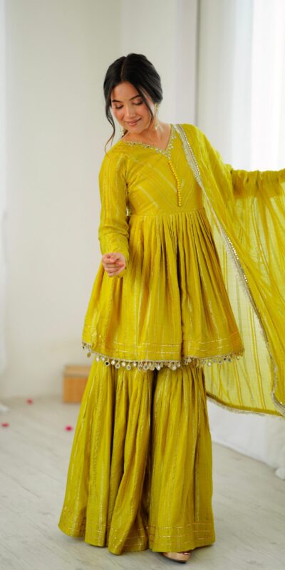 Mustard Mal Chanderi Mirror Work Salwar Suit | Jump Suits, Tops & Bottoms, Track Suits, Salwar suit, Casual Suits, Creative suits, Designer Suits, Palazzo Suits, Party Wear Suits, Patiala Suits, Straight Suits, Trendy Wear