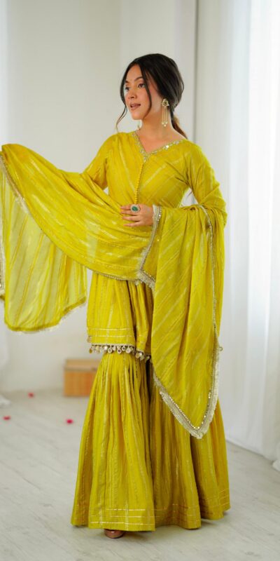 Mustard Mal Chanderi Mirror Work Salwar Suit | Jump Suits, Tops & Bottoms, Track Suits, Salwar suit, Casual Suits, Creative suits, Designer Suits, Palazzo Suits, Party Wear Suits, Patiala Suits, Straight Suits, Trendy Wear