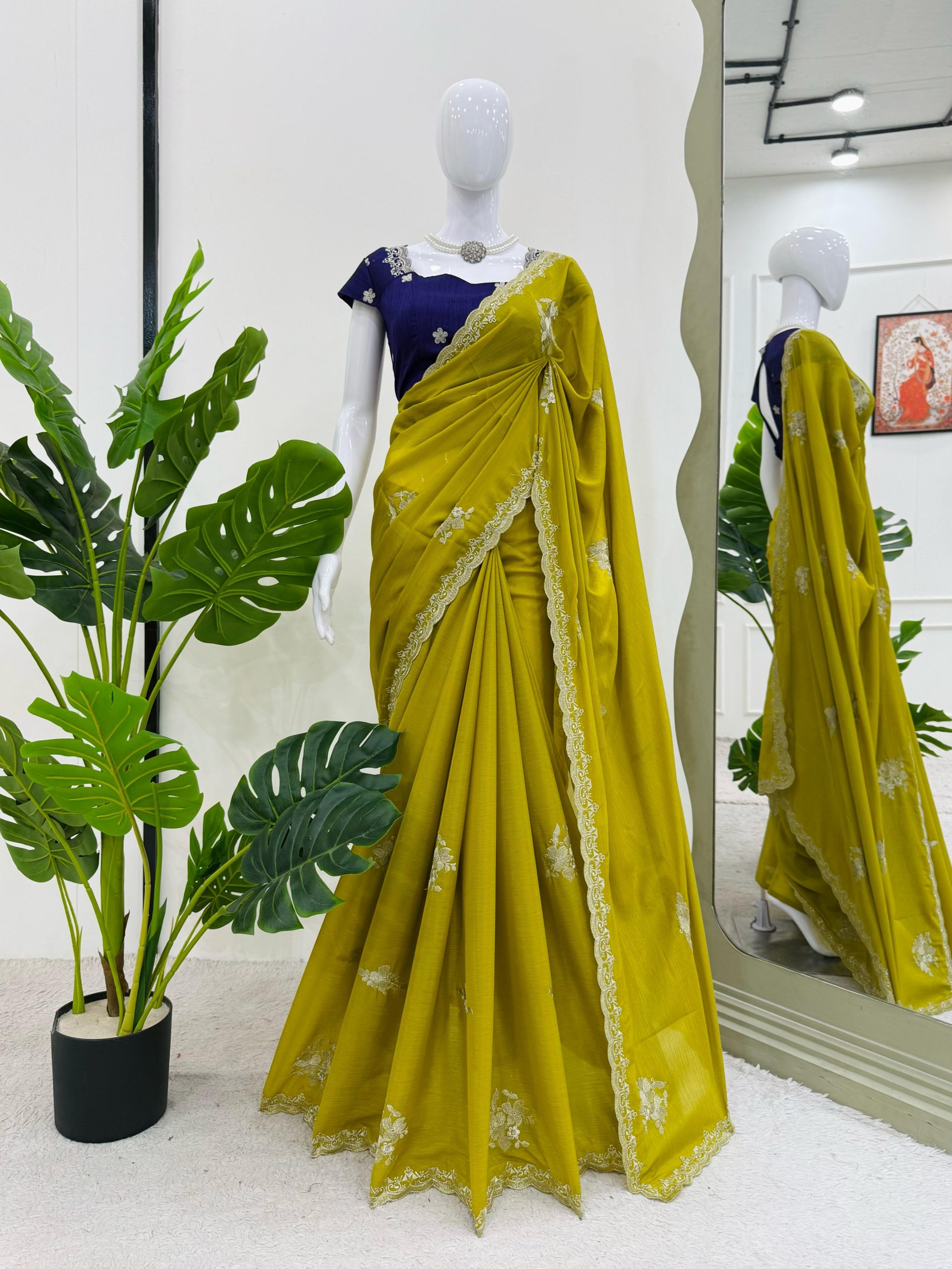 Mustard Yellow Tesla Chiffon Thread Work Saree | Sarees, Bollywood Sarees, Creative Sarees, Designer Sarees, Embroidered Sarees, Ethnic Saree, Modern Digital sarees, Party Wear Sarees