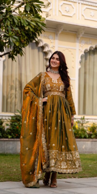 Mustered Fendy Satin Embroidery Work Gown | Gowns, Bollywood Gowns, Creative Gowns, Designer Gowns, Embroidered Gowns, Party Wear Gowns