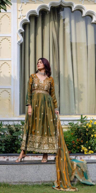 Mustered Fendy Satin Embroidery Work Gown | Gowns, Bollywood Gowns, Creative Gowns, Designer Gowns, Embroidered Gowns, Party Wear Gowns