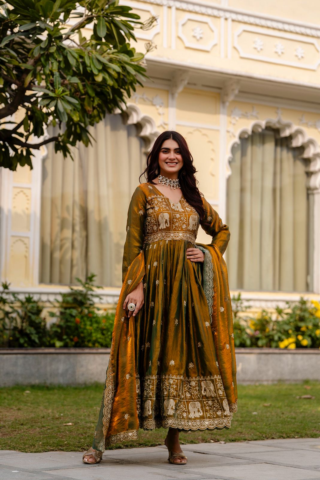 Mustered Fendy Satin Embroidery Work Gown | Gowns, Bollywood Gowns, Creative Gowns, Designer Gowns, Embroidered Gowns, Party Wear Gowns