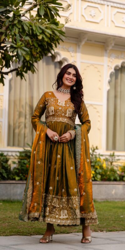 Mustered Fendy Satin Embroidery Work Gown | Gowns, Bollywood Gowns, Creative Gowns, Designer Gowns, Embroidered Gowns, Party Wear Gowns