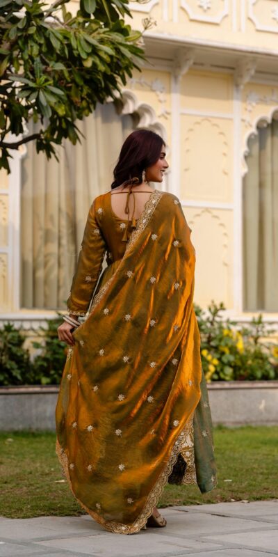 Mustered Fendy Satin Embroidery Work Gown | Gowns, Bollywood Gowns, Creative Gowns, Designer Gowns, Embroidered Gowns, Party Wear Gowns