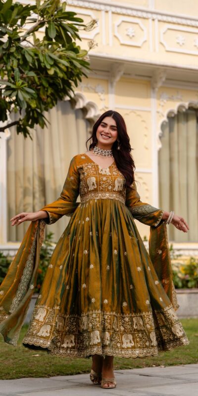 Mustered Fendy Satin Embroidery Work Gown | Gowns, Bollywood Gowns, Creative Gowns, Designer Gowns, Embroidered Gowns, Party Wear Gowns