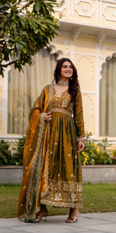 Mustered Fendy Satin Embroidery Work Gown | Gowns, Bollywood Gowns, Creative Gowns, Designer Gowns, Embroidered Gowns, Party Wear Gowns