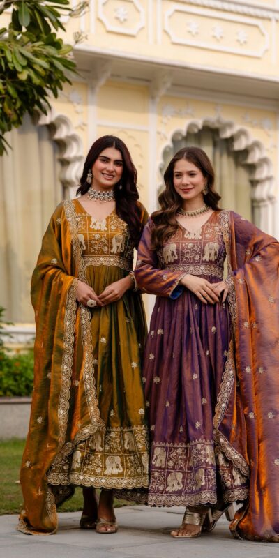 Mustered Fendy Satin Embroidery Work Gown | Gowns, Bollywood Gowns, Creative Gowns, Designer Gowns, Embroidered Gowns, Party Wear Gowns