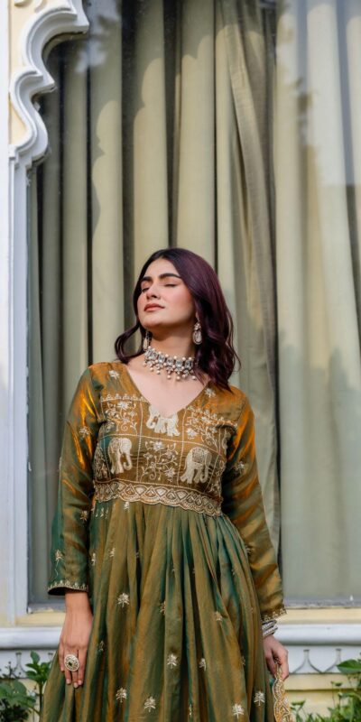 Mustered Fendy Satin Embroidery Work Gown | Gowns, Bollywood Gowns, Creative Gowns, Designer Gowns, Embroidered Gowns, Party Wear Gowns