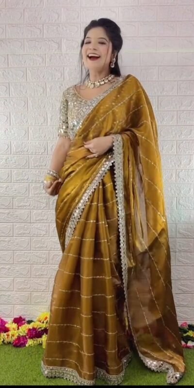Mustered Organza Silk Mirror Embroidery Work Saree | Sarees, Bollywood Sarees, Creative Sarees, Designer Sarees, Embroidered Sarees, Ethnic Saree, Modern Digital sarees, Party Wear Sarees
