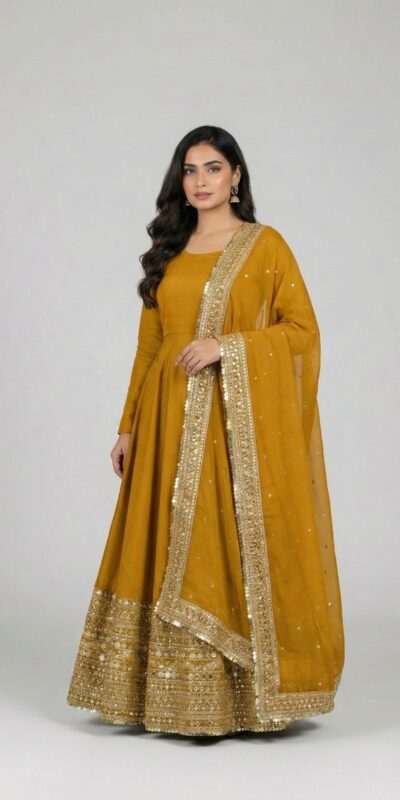 Mustered Roman Silk Embroidery Lace Work Gown | Gowns, Bollywood Gowns, Creative Gowns, Designer Gowns, Embroidered Gowns, Party Wear Gowns