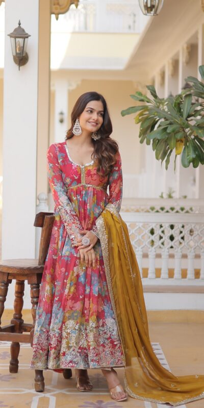 Mustered Russian Silk Embroidery Work Gown | Gowns, Bollywood Gowns, Creative Gowns, Designer Gowns, Embroidered Gowns, Party Wear Gowns