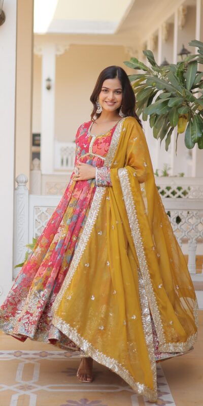 Mustered Russian Silk Embroidery Work Gown | Gowns, Bollywood Gowns, Creative Gowns, Designer Gowns, Embroidered Gowns, Party Wear Gowns