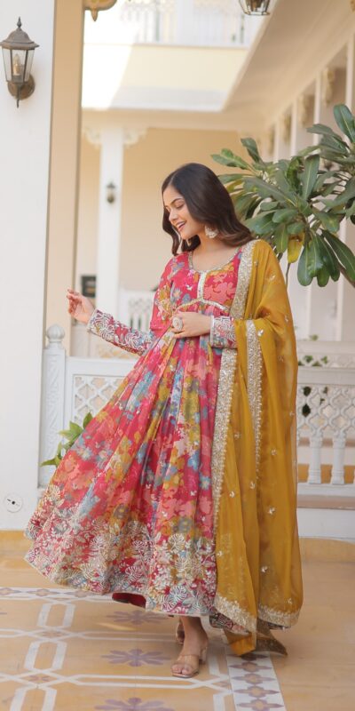 Mustered Russian Silk Embroidery Work Gown | Gowns, Bollywood Gowns, Creative Gowns, Designer Gowns, Embroidered Gowns, Party Wear Gowns