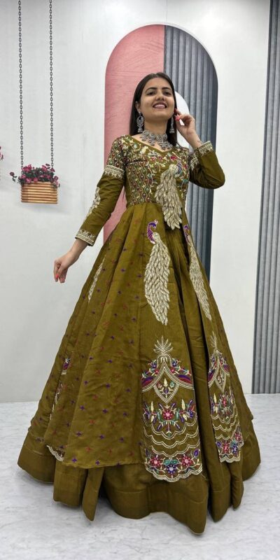 Mustered Vichitra Sequence Work Lehenga Choli | Lehenga, Bollywood Lehenga, Creative Lehenga, Designer Lehenga, Embroidered Lehenga, Party Wear Lehenga