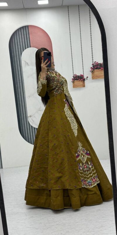 Mustered Vichitra Sequence Work Lehenga Choli | Lehenga, Bollywood Lehenga, Creative Lehenga, Designer Lehenga, Embroidered Lehenga, Party Wear Lehenga