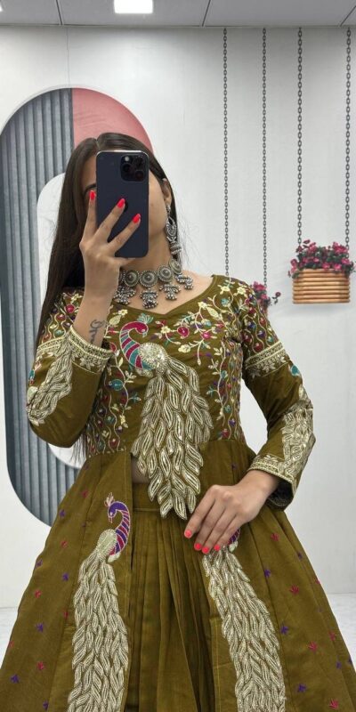 Mustered Vichitra Sequence Work Lehenga Choli | Lehenga, Bollywood Lehenga, Creative Lehenga, Designer Lehenga, Embroidered Lehenga, Party Wear Lehenga