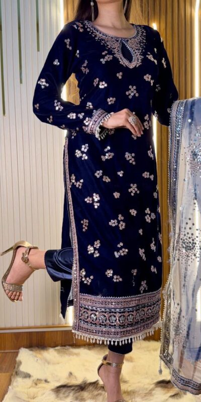 Navy Blue 9000 Velvet Embroidery Lace Work Salwar Suit | Jump Suits, Salwar suit, Casual Suits, Creative suits, Designer Suits, Palazzo Suits, Party Wear Suits, Patiala Suits, Straight Suits