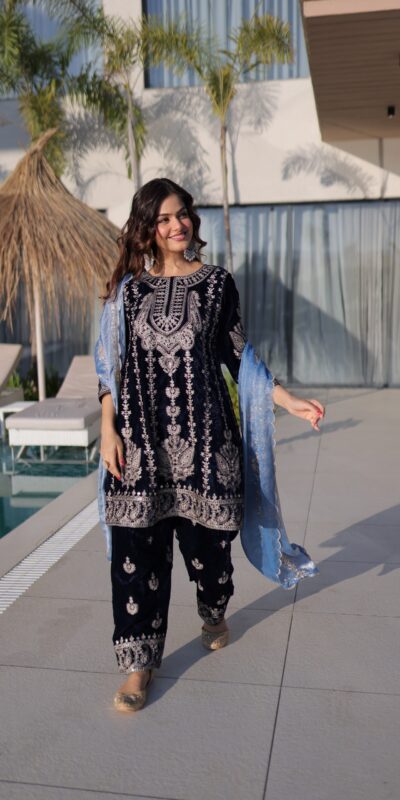 Navy Blue 9000 Velvet Zari Embroidery Work Salwar Suit | Jump Suits, Salwar suit, Casual Suits, Creative suits, Designer Suits, Palazzo Suits, Party Wear Suits, Patiala Suits, Straight Suits