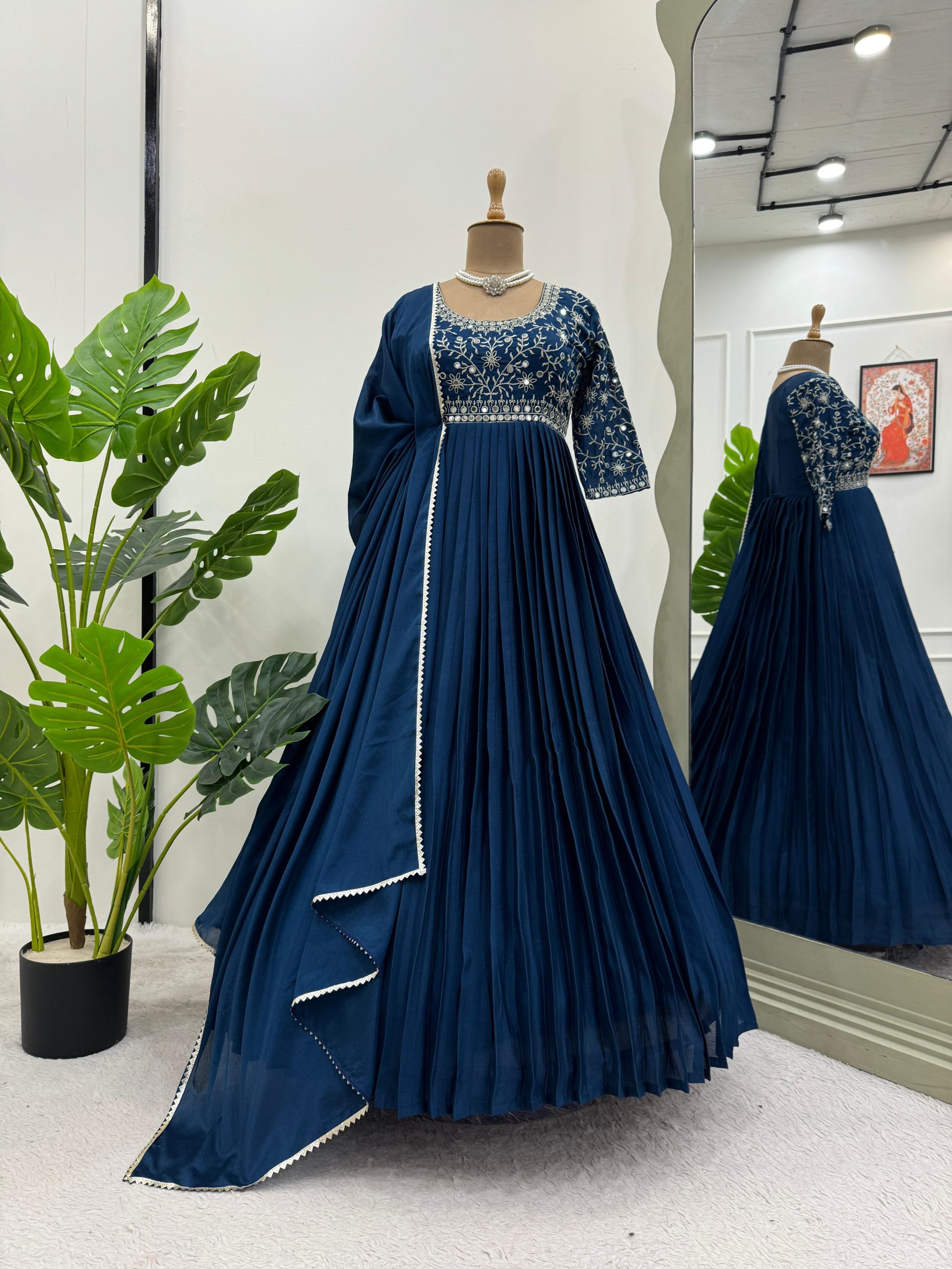 Navy Blue Chinon Silk Thread Real Mirror Gown | Gowns, Bollywood Gowns, Creative Gowns, Designer Gowns, Embroidered Gowns, Party Wear Gowns, Straight Suits