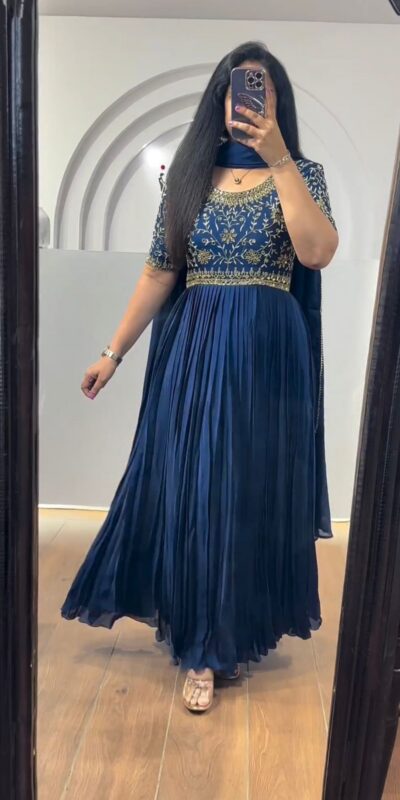 Navy Blue Chinon Silk Thread Real Mirror Gown | Gowns, Bollywood Gowns, Creative Gowns, Designer Gowns, Embroidered Gowns, Party Wear Gowns, Straight Suits