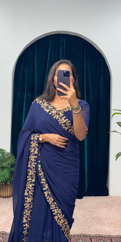 Navy Blue Faux Georgette Embroidery Work Border Stitched Saree-Gown | Gowns, Bollywood Gowns, Creative Gowns, Designer Gowns, Embroidered Gowns, Party Wear Gowns, Straight Suits