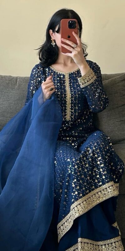 Navy Blue Foix Georgette Thread With Sequence Salwar Suit | Jump Suits, Salwar suit, Casual Suits, Creative suits, Designer Suits, Palazzo Suits, Party Wear Suits, Patiala Suits, Straight Suits