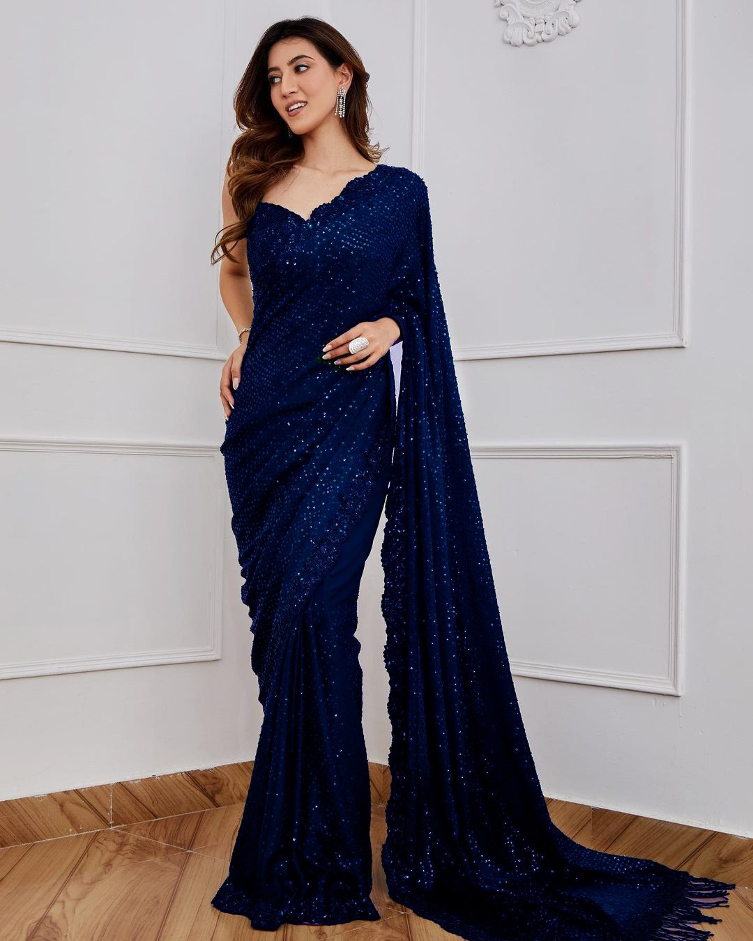 Navy Blue Georgette Embroidery Sequins Saree | Sarees, Bollywood Sarees, Creative Sarees, Designer Sarees, Embroidered Sarees, Ethnic Saree, Modern Digital sarees, Party Wear Sarees