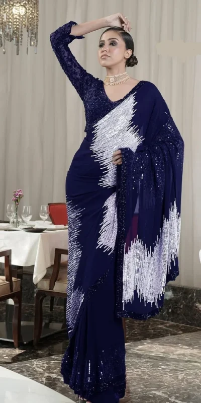 Navy Blue Georgette Sequins Work Saree | Sarees, Bollywood Sarees, Creative Sarees, Designer Sarees, Embroidered Sarees, Ethnic Saree, Modern Digital sarees, Party Wear Sarees