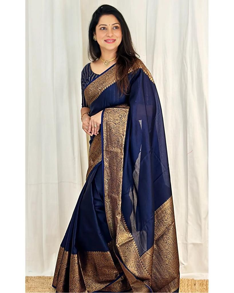 Navy Blue Soft Litchi Silk Jacquard Work Saree | Sarees, Bollywood Sarees, Creative Sarees, Designer Sarees, Embroidered Sarees, Ethnic Saree, Modern Digital sarees, Party Wear Sarees