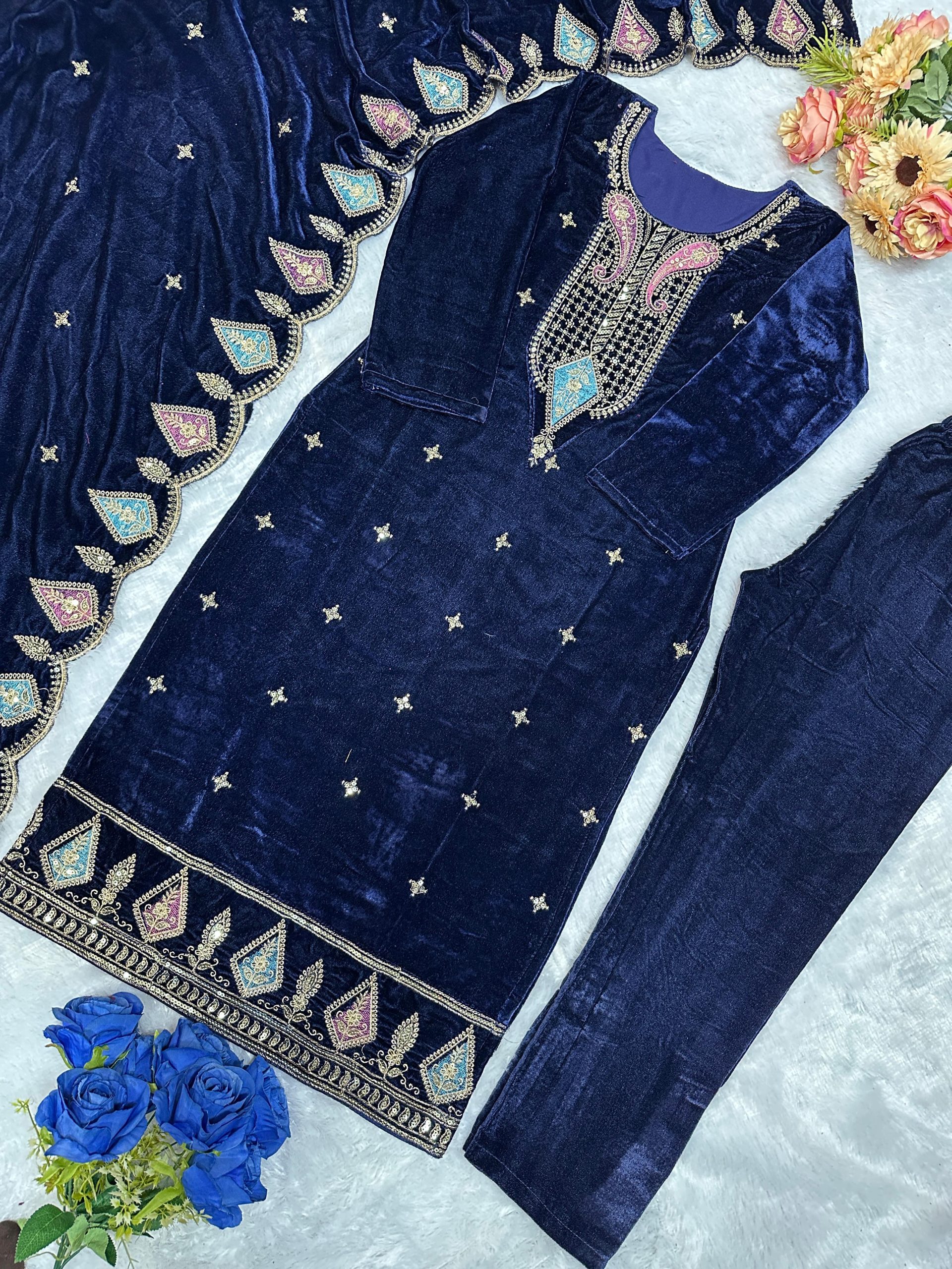 Navy Blue Viscose Velvet Embroidery Work Salwar Suit | Jump Suits, Tops & Bottoms, Track Suits, Salwar suit, Casual Suits, Creative suits, Designer Suits, Palazzo Suits, Party Wear Suits, Patiala Suits, Straight Suits, Trendy Wear