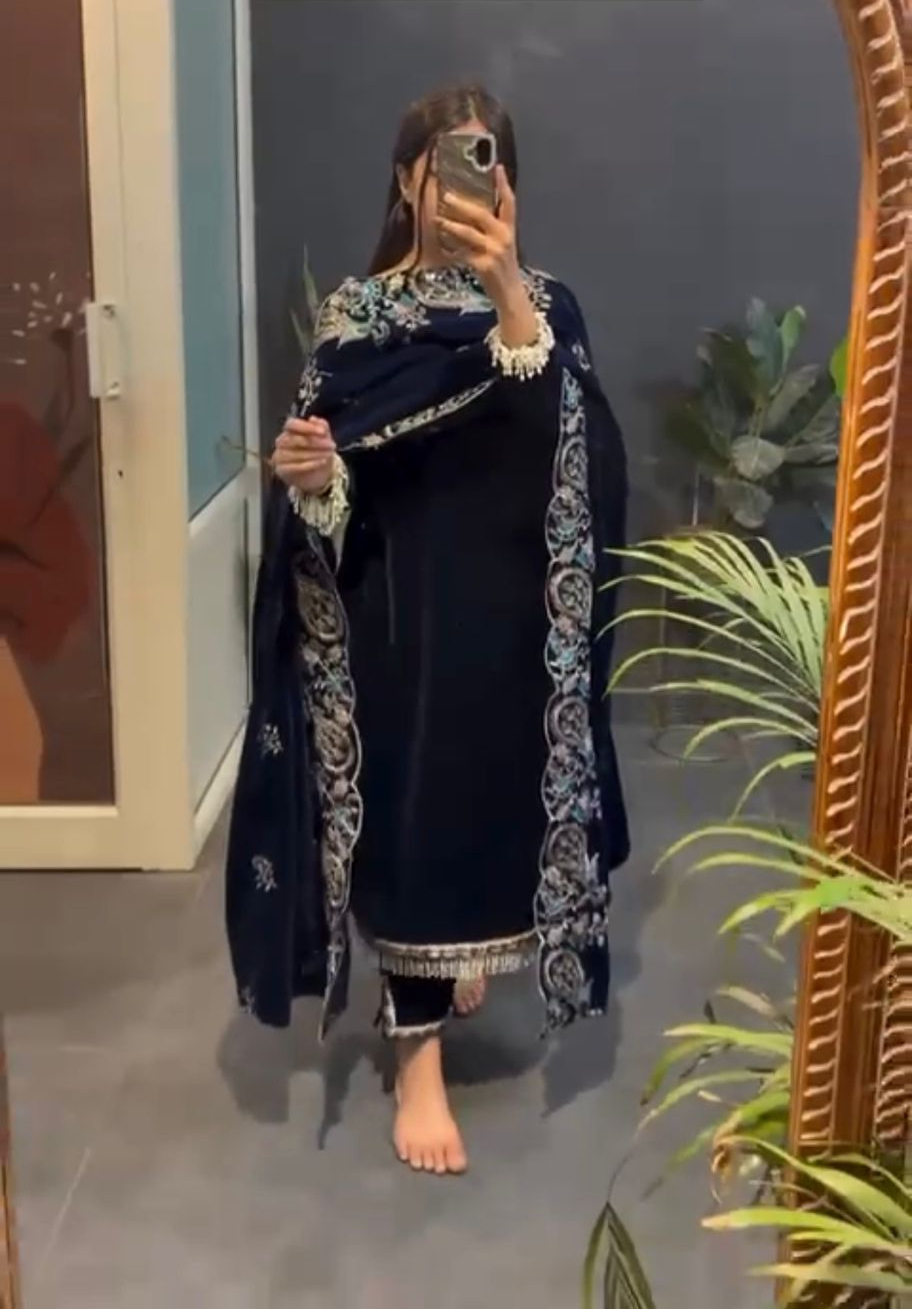 Navy Blue Viscose Velvet Lace Work Salwar Suit | Jump Suits, Tops & Bottoms, Track Suits, Salwar suit, Casual Suits, Creative suits, Designer Suits, Palazzo Suits, Party Wear Suits, Patiala Suits, Straight Suits, Trendy Wear