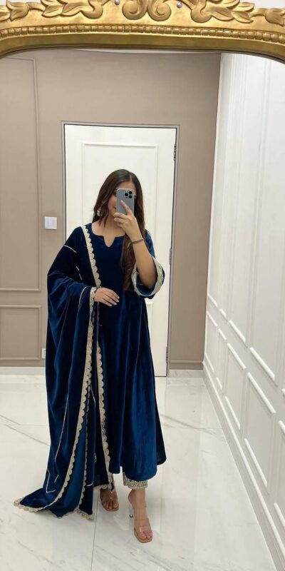 Navy Blue Viscous Velvet Embroidery Work Gown | Gowns, Bollywood Gowns, Creative Gowns, Designer Gowns, Embroidered Gowns, Party Wear Gowns
