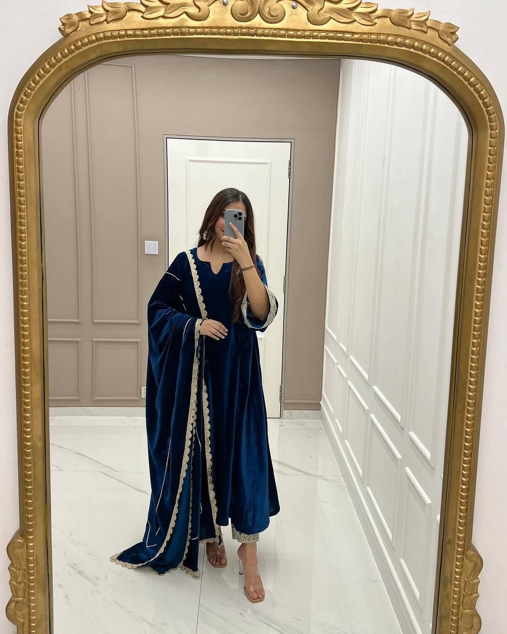 Navy Blue Viscous Velvet Embroidery Work Gown | Gowns, Bollywood Gowns, Creative Gowns, Designer Gowns, Embroidered Gowns, Party Wear Gowns