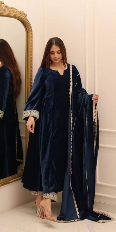 Navy Blue Viscous Velvet Embroidery Work Gown | Gowns, Bollywood Gowns, Creative Gowns, Designer Gowns, Embroidered Gowns, Party Wear Gowns