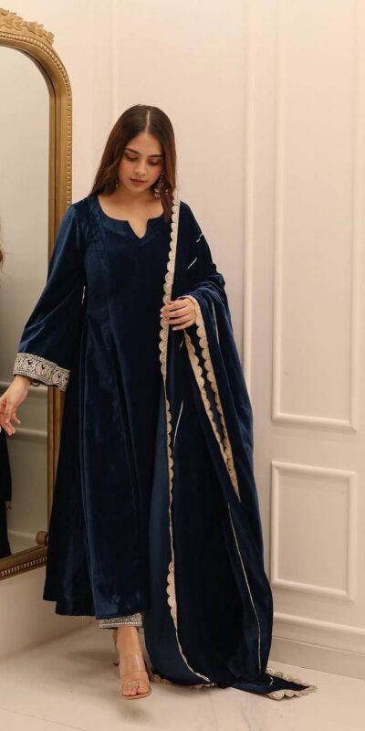 Navy Blue Viscous Velvet Embroidery Work Gown | Gowns, Bollywood Gowns, Creative Gowns, Designer Gowns, Embroidered Gowns, Party Wear Gowns