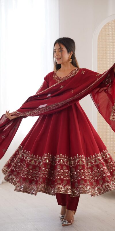 Nice Maroon Roman Silk Embroidery Work Gown | Gowns, Bollywood Gowns, Creative Gowns, Designer Gowns, Embroidered Gowns, Party Wear Gowns