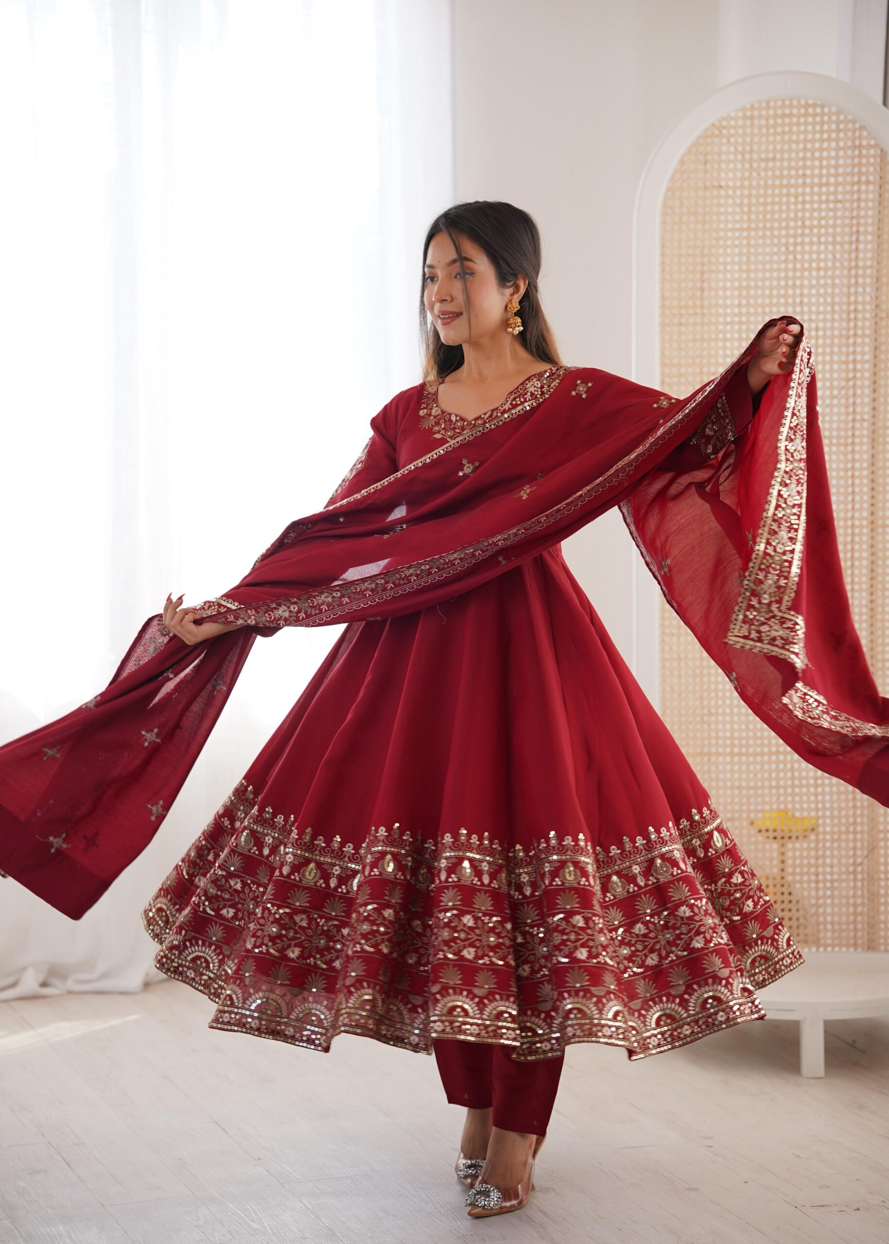 Nice Maroon Roman Silk Embroidery Work Gown | Gowns, Bollywood Gowns, Creative Gowns, Designer Gowns, Embroidered Gowns, Party Wear Gowns