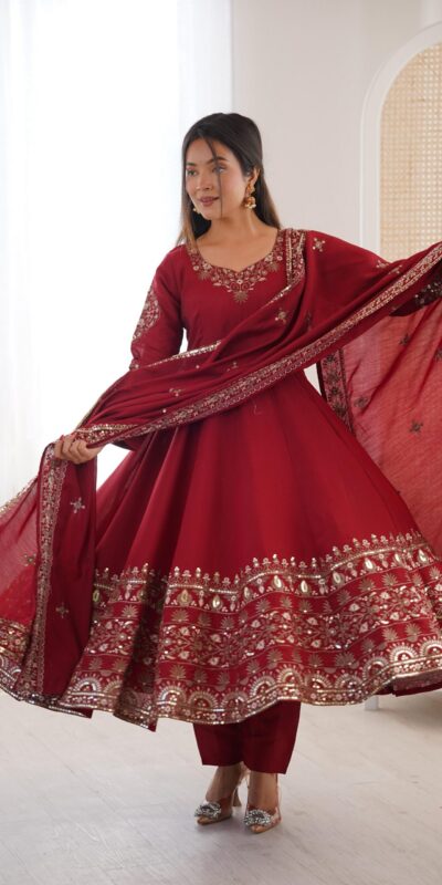 Nice Maroon Roman Silk Embroidery Work Gown | Gowns, Bollywood Gowns, Creative Gowns, Designer Gowns, Embroidered Gowns, Party Wear Gowns