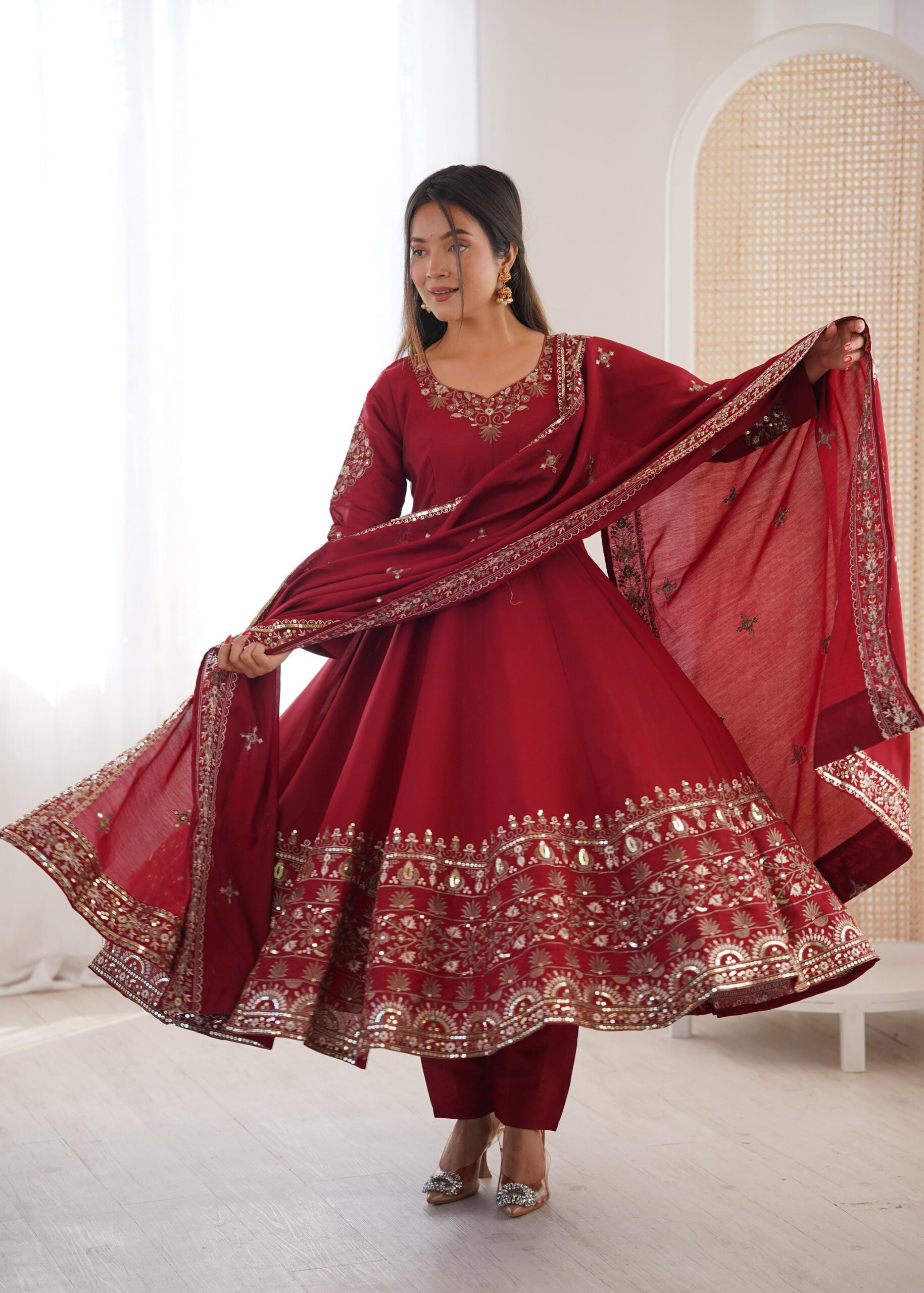 Nice Maroon Roman Silk Embroidery Work Gown | Gowns, Bollywood Gowns, Creative Gowns, Designer Gowns, Embroidered Gowns, Party Wear Gowns