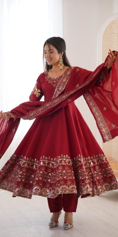 Nice Maroon Roman Silk Embroidery Work Gown | Gowns, Bollywood Gowns, Creative Gowns, Designer Gowns, Embroidered Gowns, Party Wear Gowns