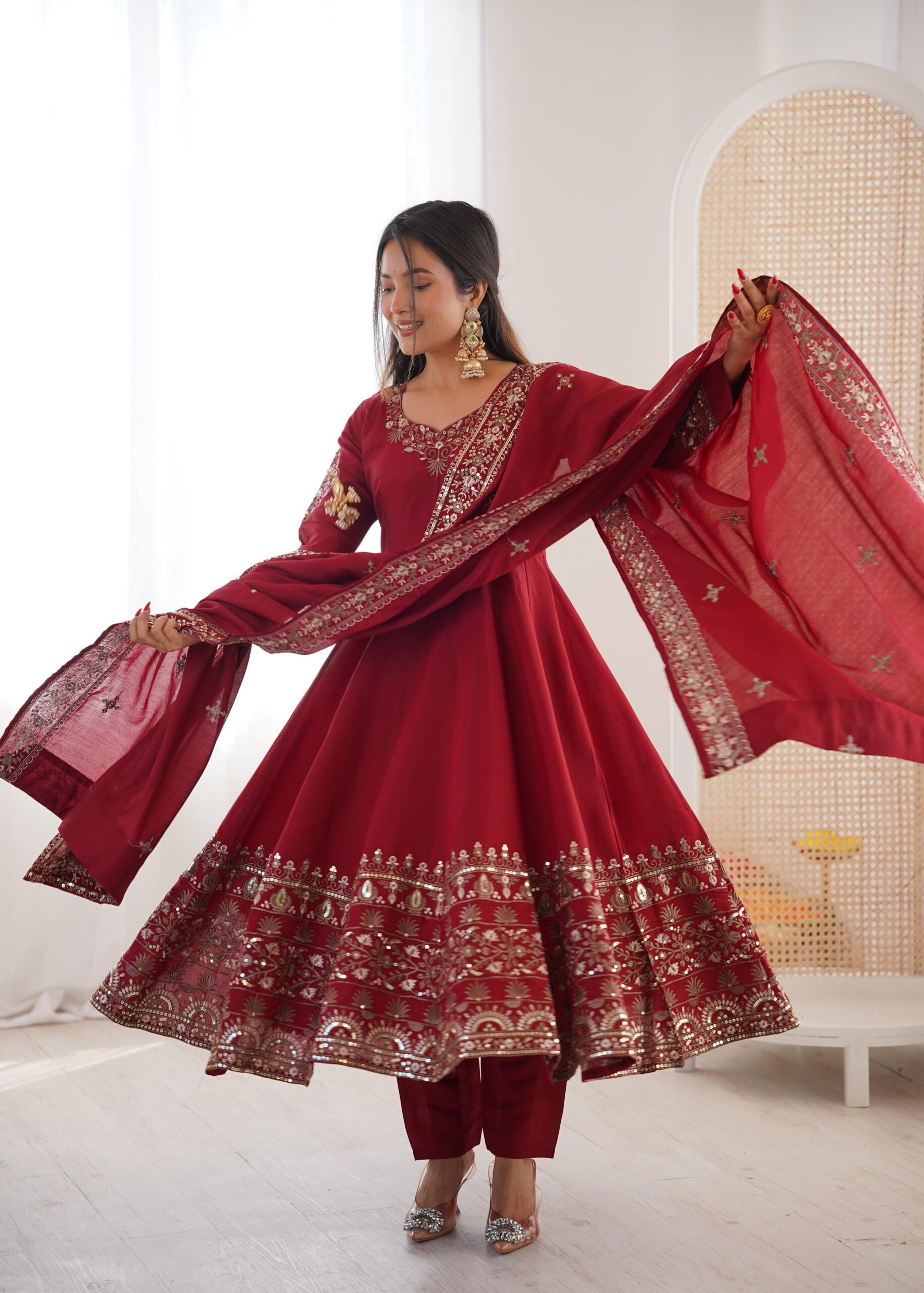 Nice Maroon Roman Silk Embroidery Work Gown | Gowns, Bollywood Gowns, Creative Gowns, Designer Gowns, Embroidered Gowns, Party Wear Gowns
