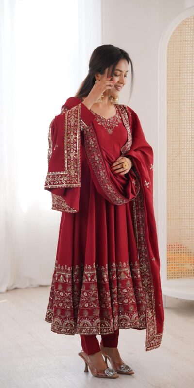 Nice Maroon Roman Silk Embroidery Work Gown | Gowns, Bollywood Gowns, Creative Gowns, Designer Gowns, Embroidered Gowns, Party Wear Gowns