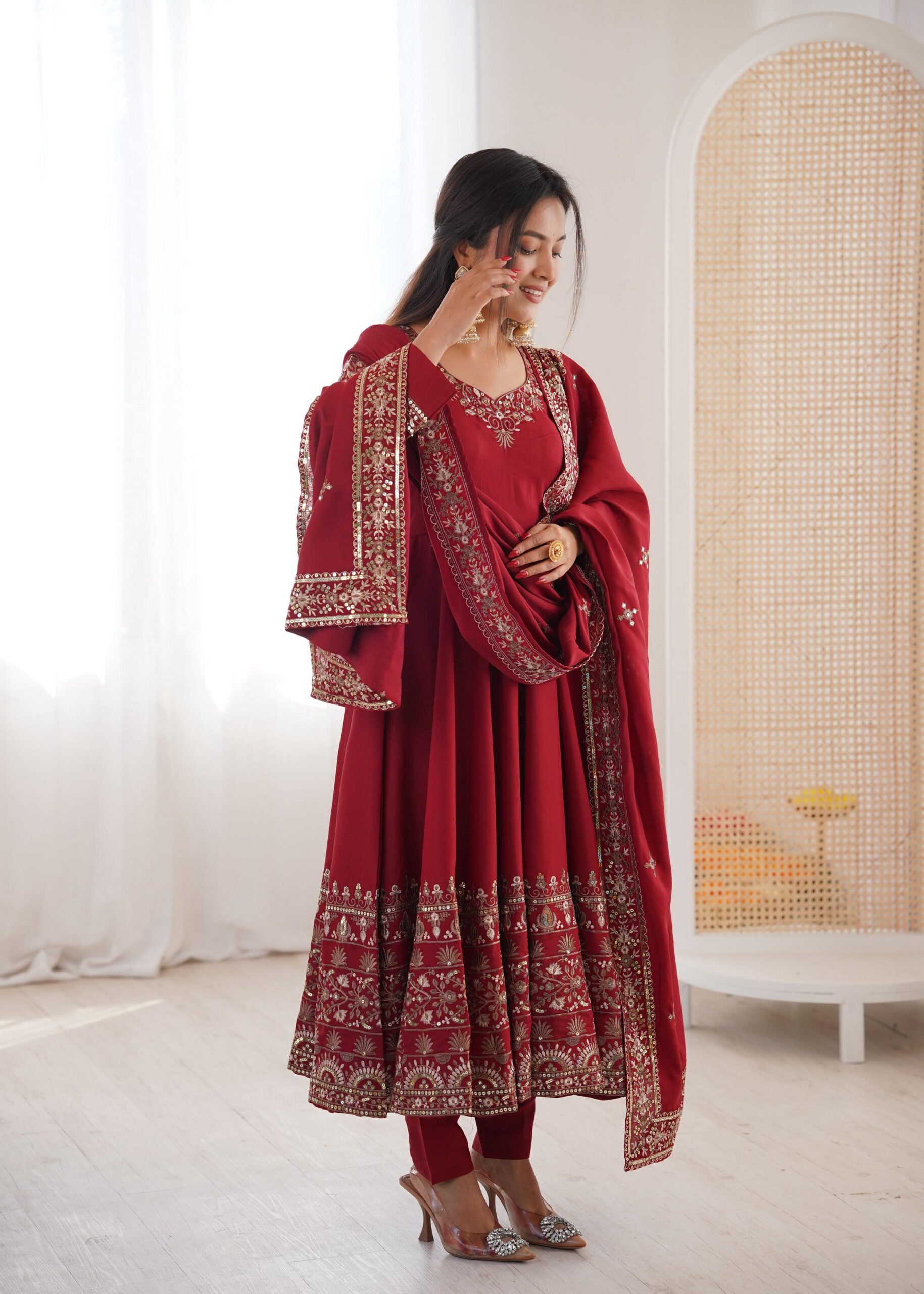 Nice Maroon Roman Silk Embroidery Work Gown | Gowns, Bollywood Gowns, Creative Gowns, Designer Gowns, Embroidered Gowns, Party Wear Gowns